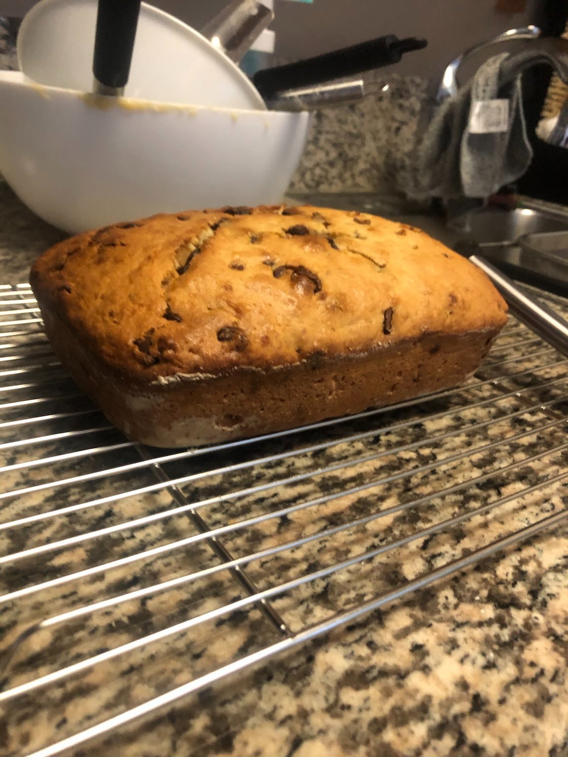 A loaf of banana bread with chocolate chips. I made it to take with us on the camping trip. It ended up being killer for my first try!